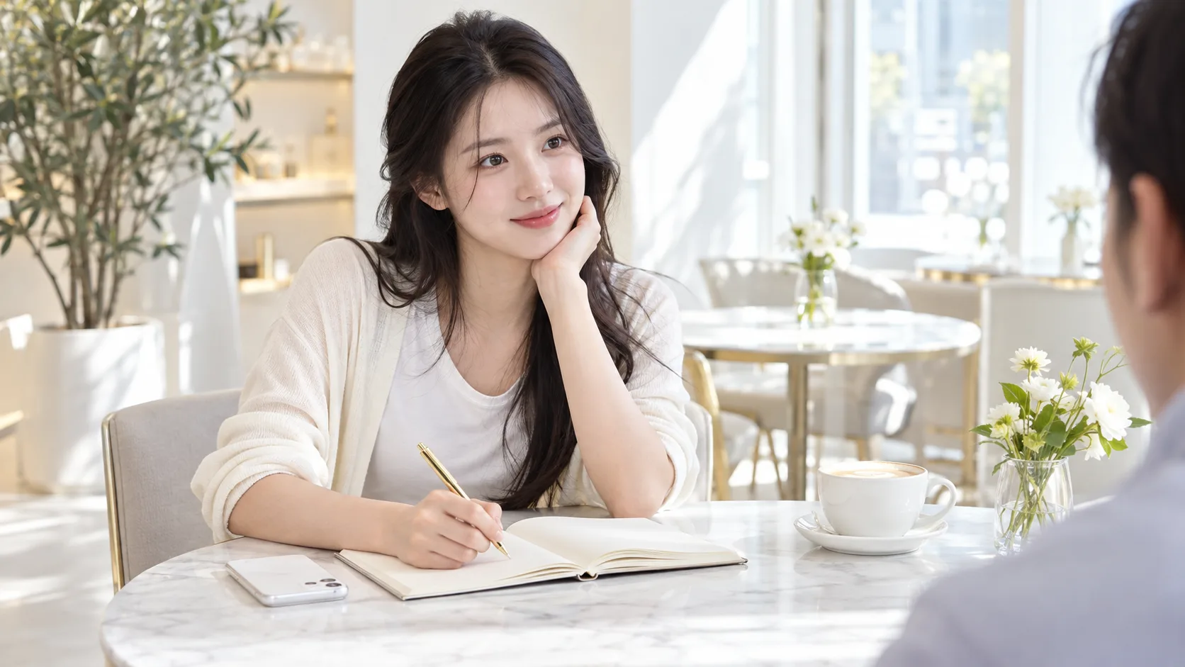 상담에서 물어볼 점을 노트에 정리하는 가상의 성인 여성