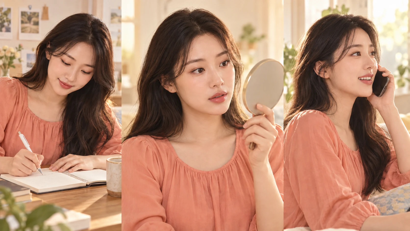 노트에 질문을 적고 거울로 눈 주변을 살펴본 뒤 전화로 문의하는 가상 성인의 생성 장면