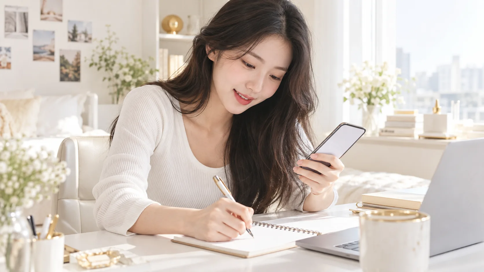 휴대전화와 노트를 보며 전달할 내용을 정리하는 가상의 성인 여성