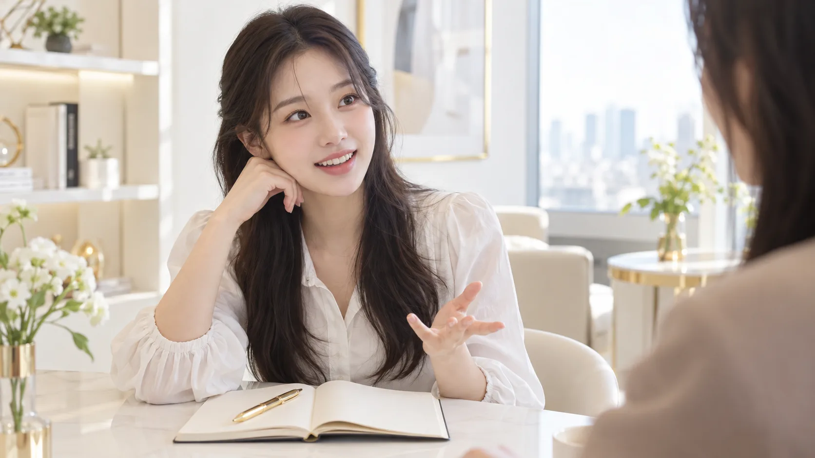 노트를 두고 상담 상대의 설명을 듣는 가상의 성인 여성