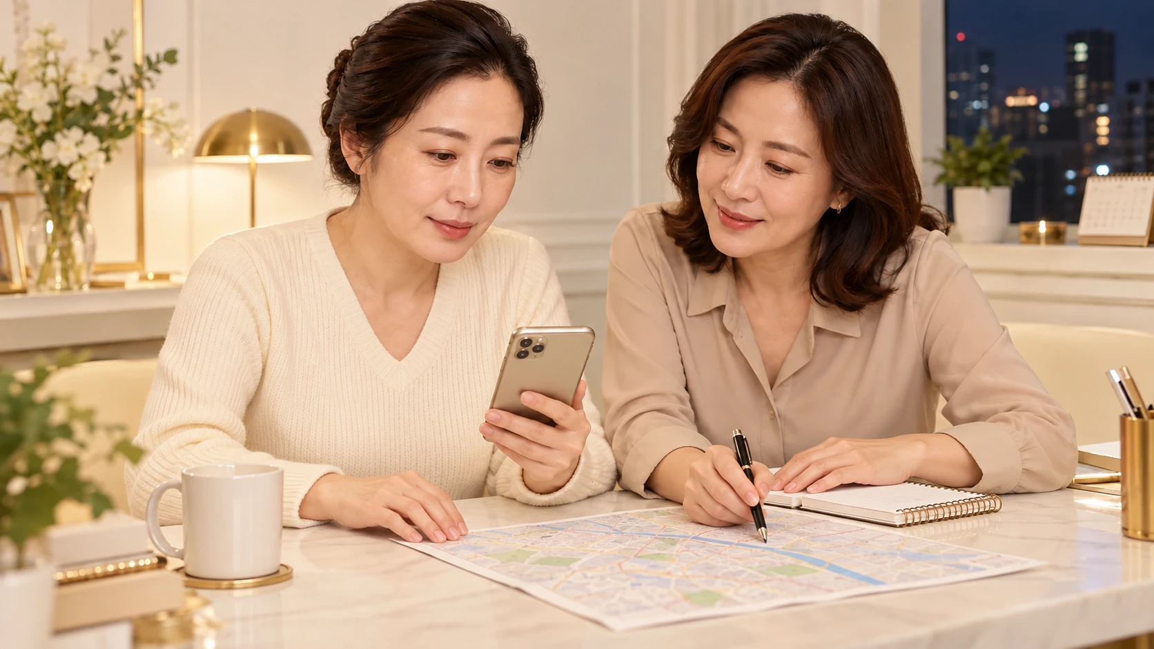 ผู้ใหญ่สมมติสองคนตรวจโทรศัพท์และแผนที่ร่วมกันตอนกลางคืน