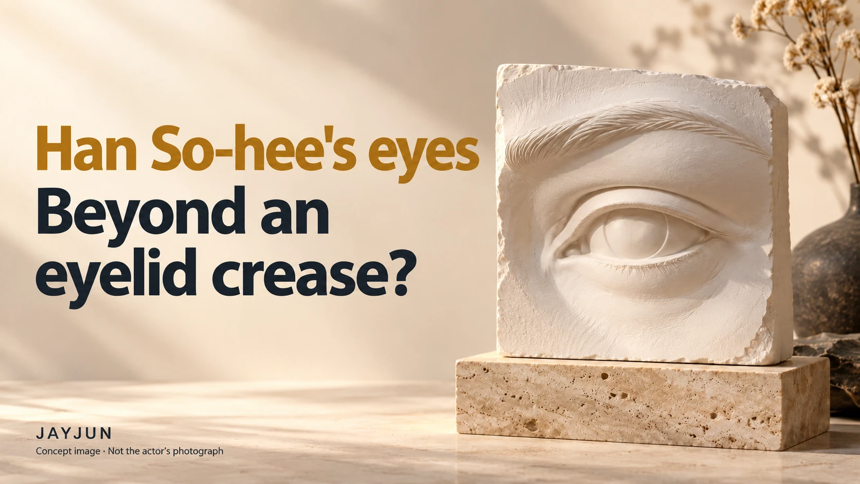 Title about an eye-reference consultation beside an unrelated plaster eye sculpture