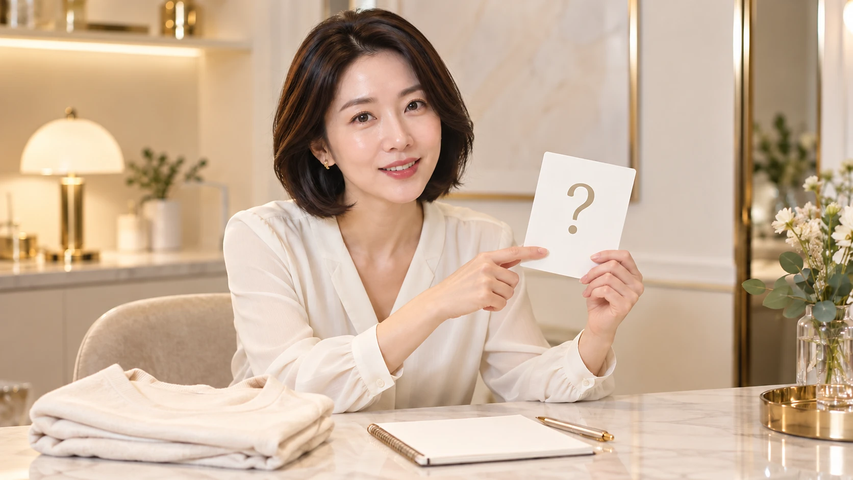 접은 옷과 노트 옆에서 물음표 카드를 가리키는 가상의 성인