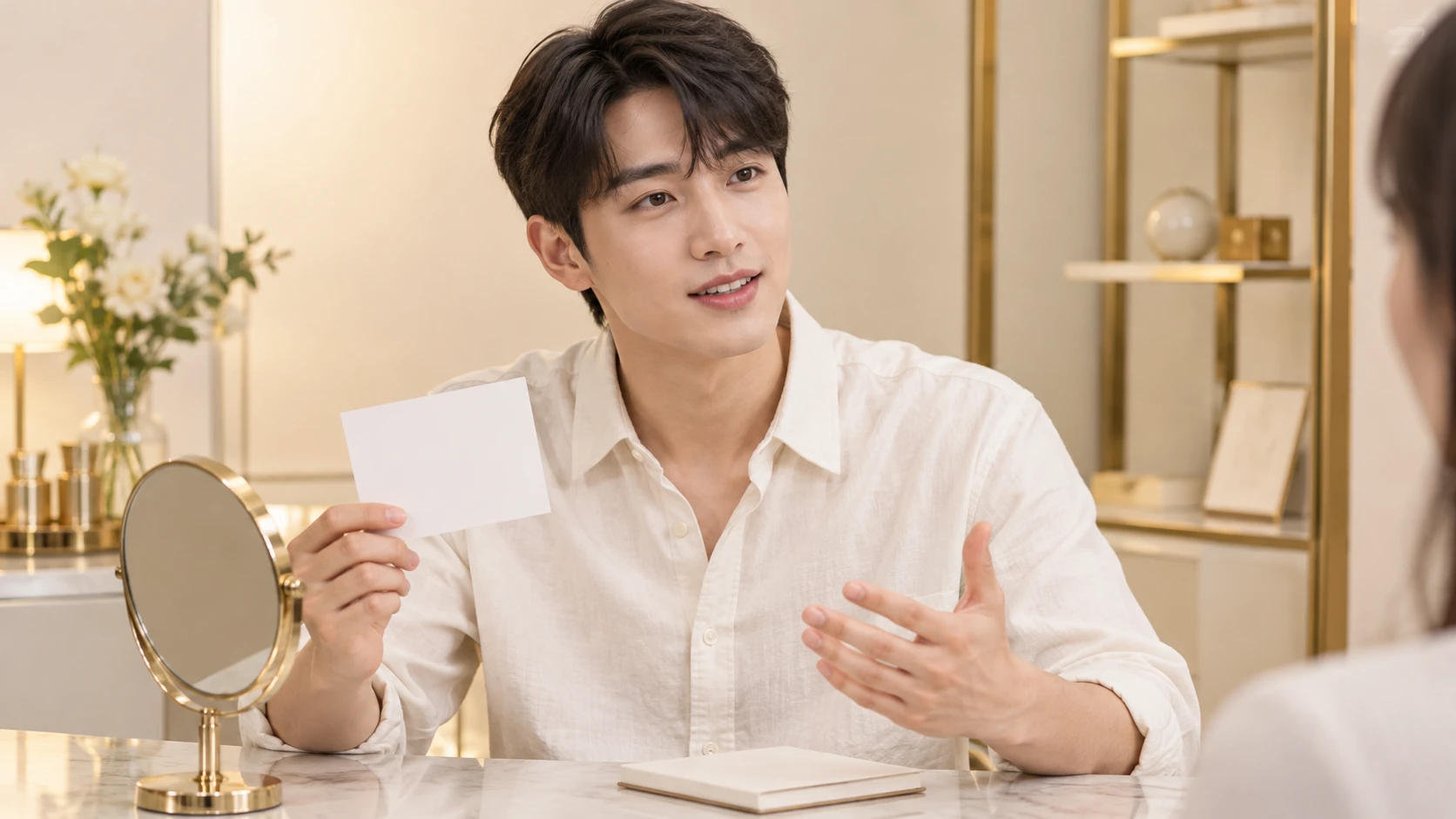 A fictional adult man holding a blank question card and talking beside a mirror