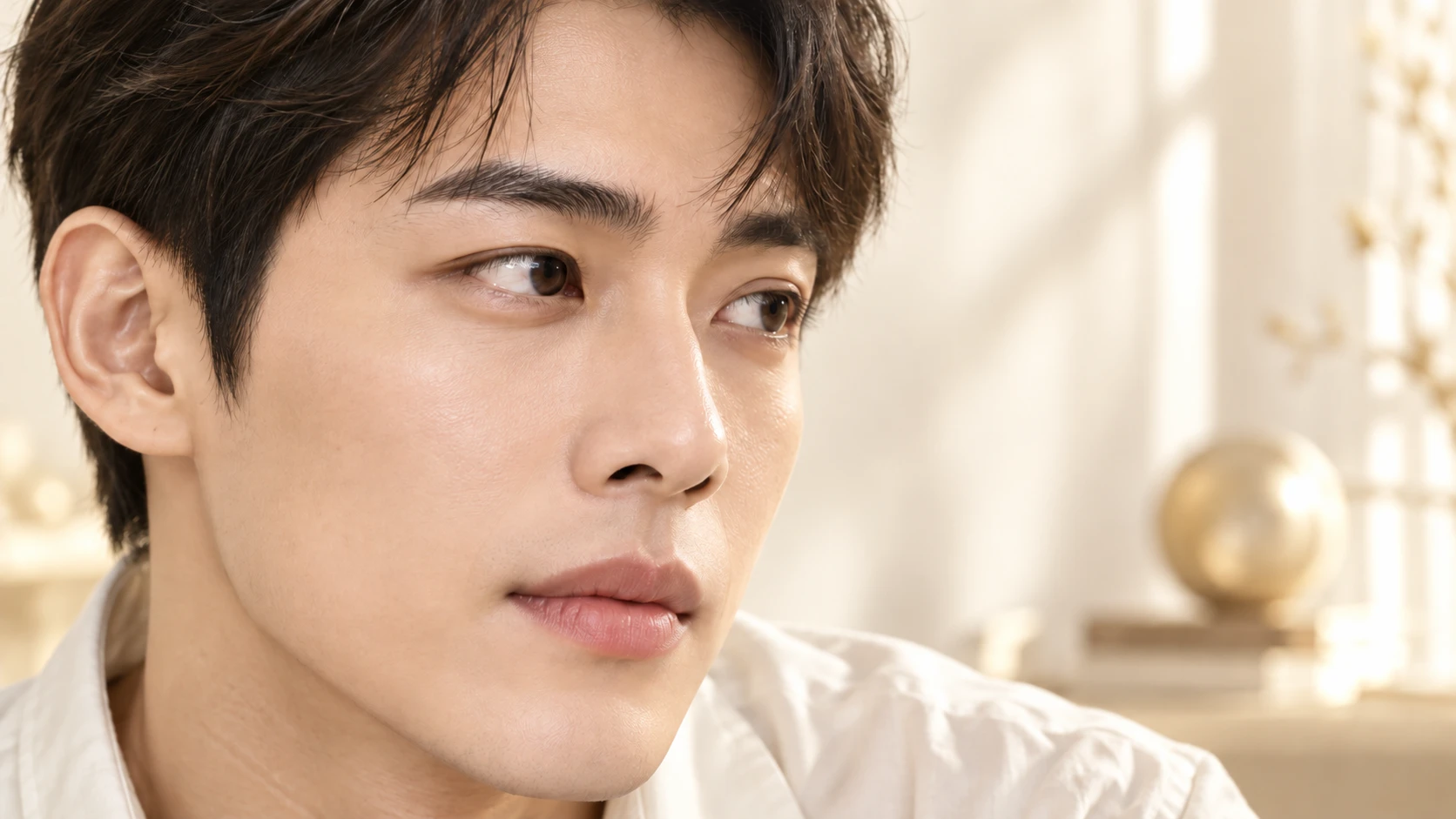 A fictional young adult man showing his brows and eyelids with eyes open