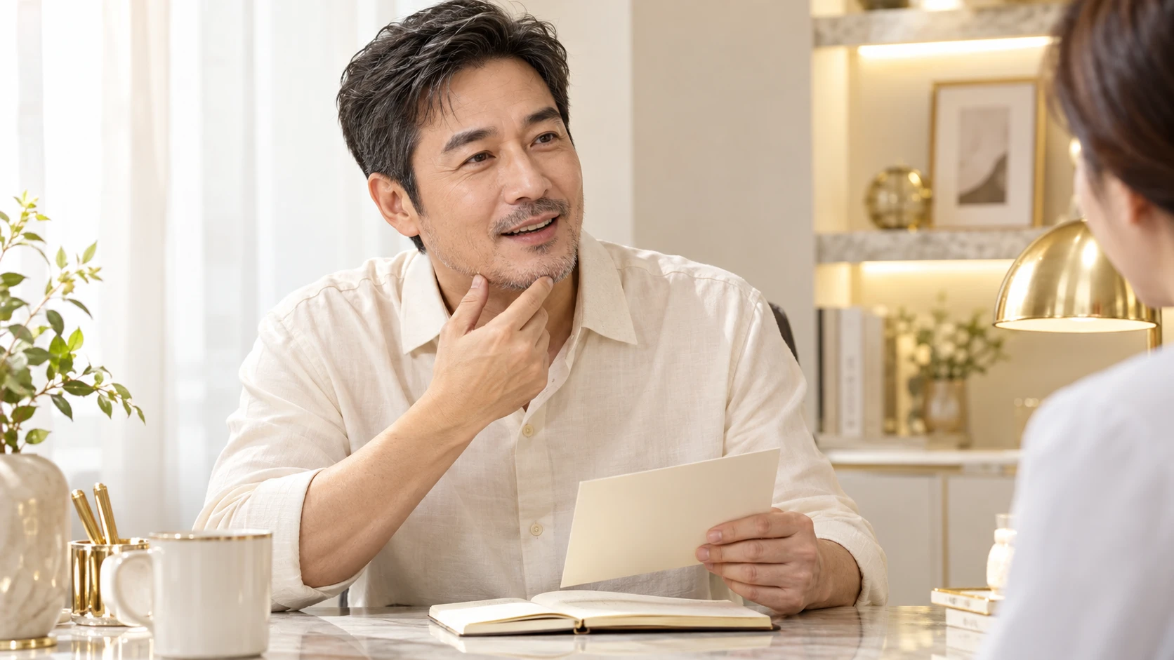 A fictional mature man pointing to his beard while holding a question card in conversation