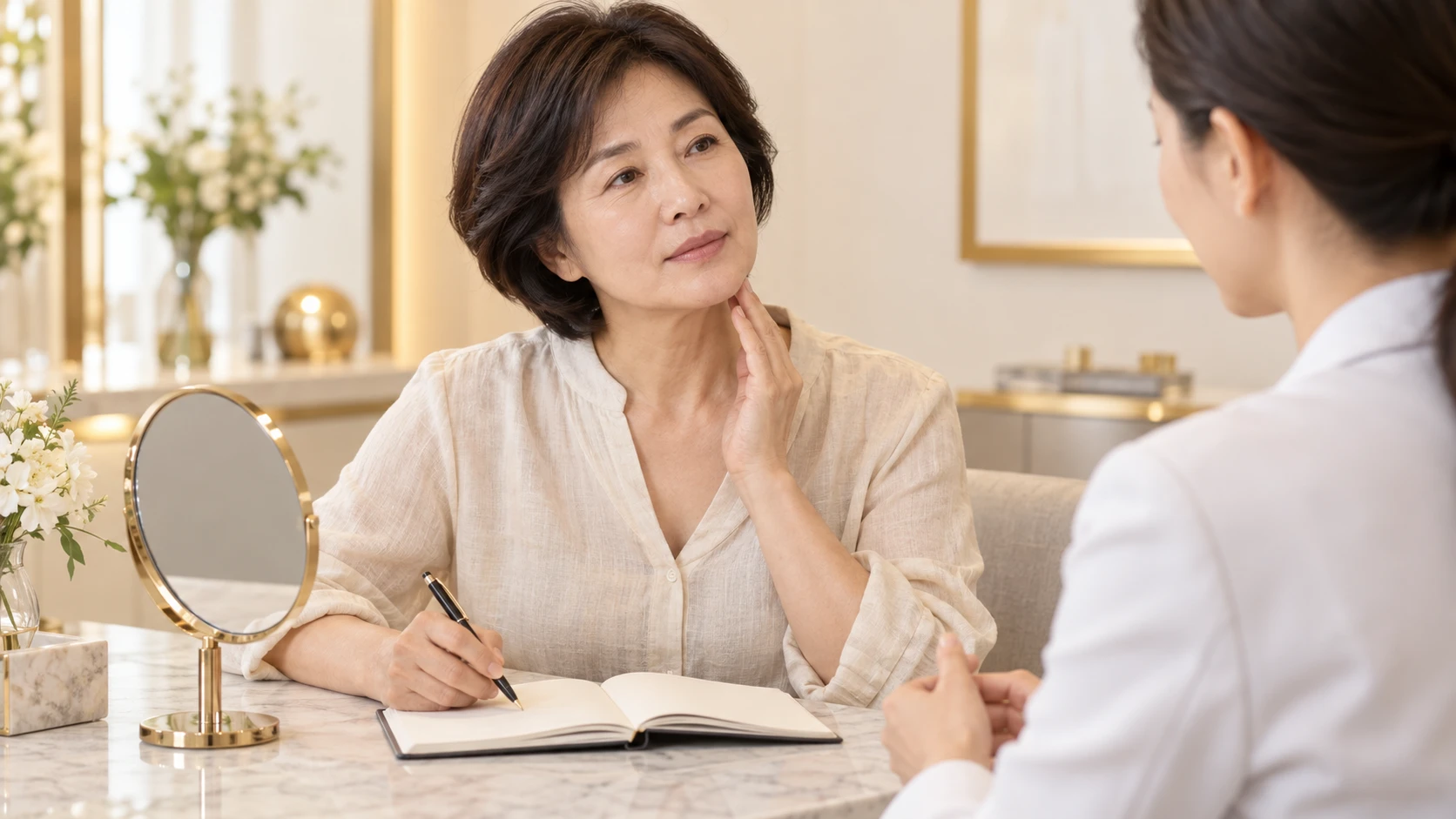 A fictional adult touching the side of her neck while taking notes across from another person