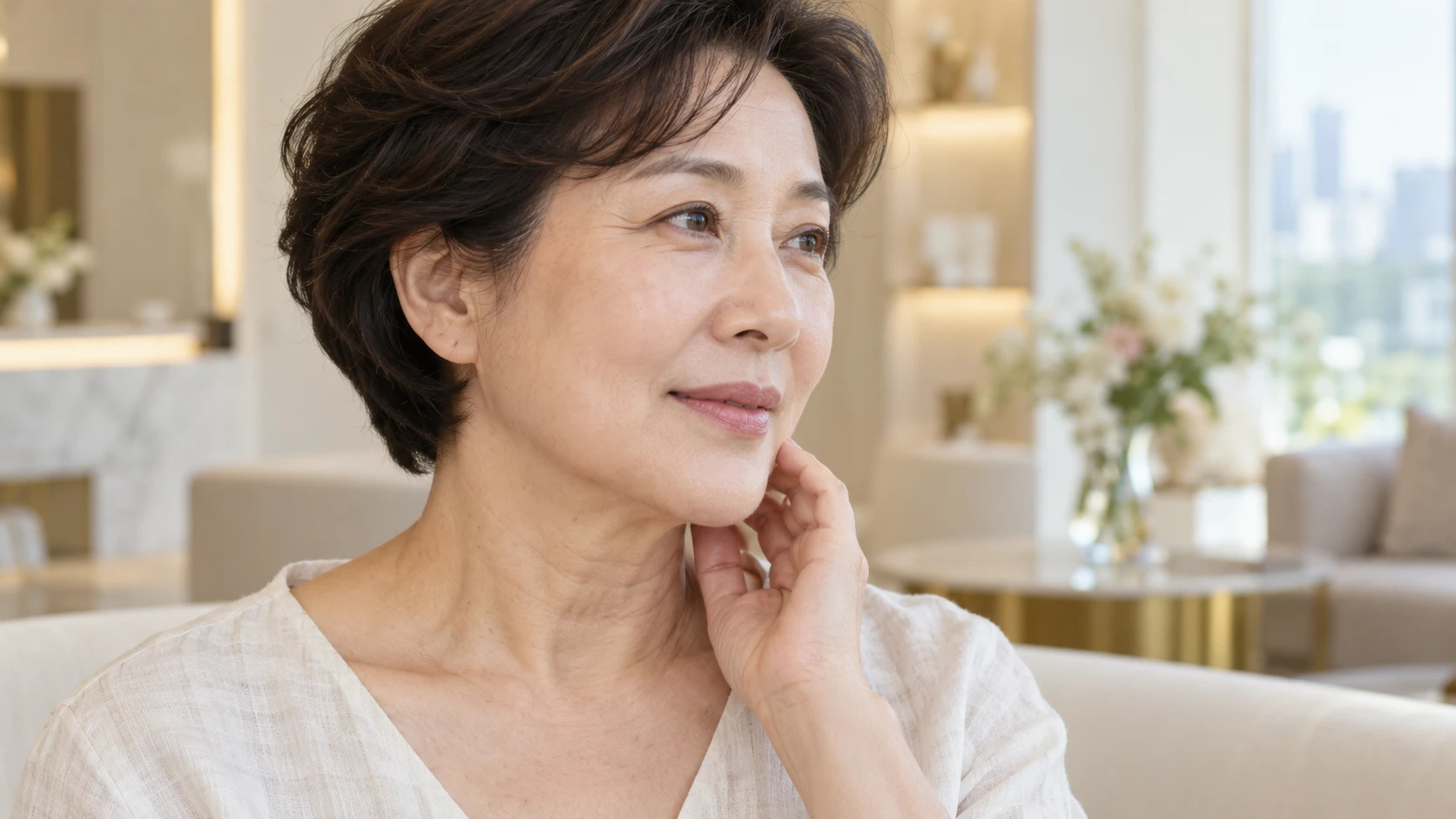 A fictional mature adult’s jawline and natural neck lines in an angled close-up