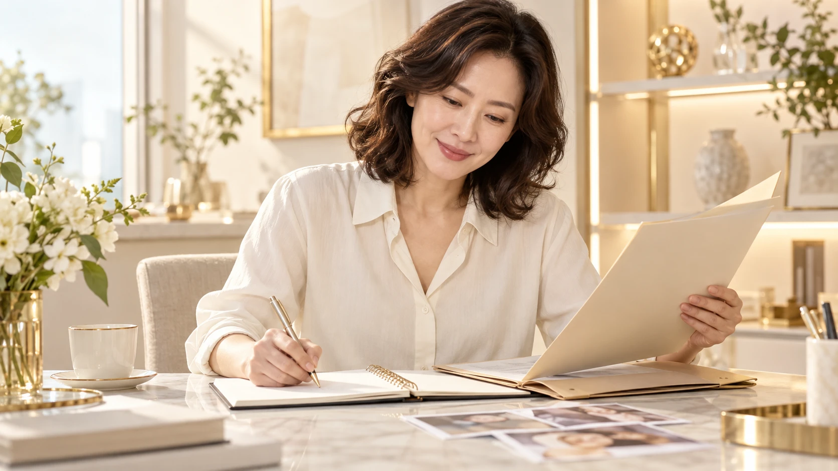 A fictional adult reviewing a folder and writing notes beside photographs